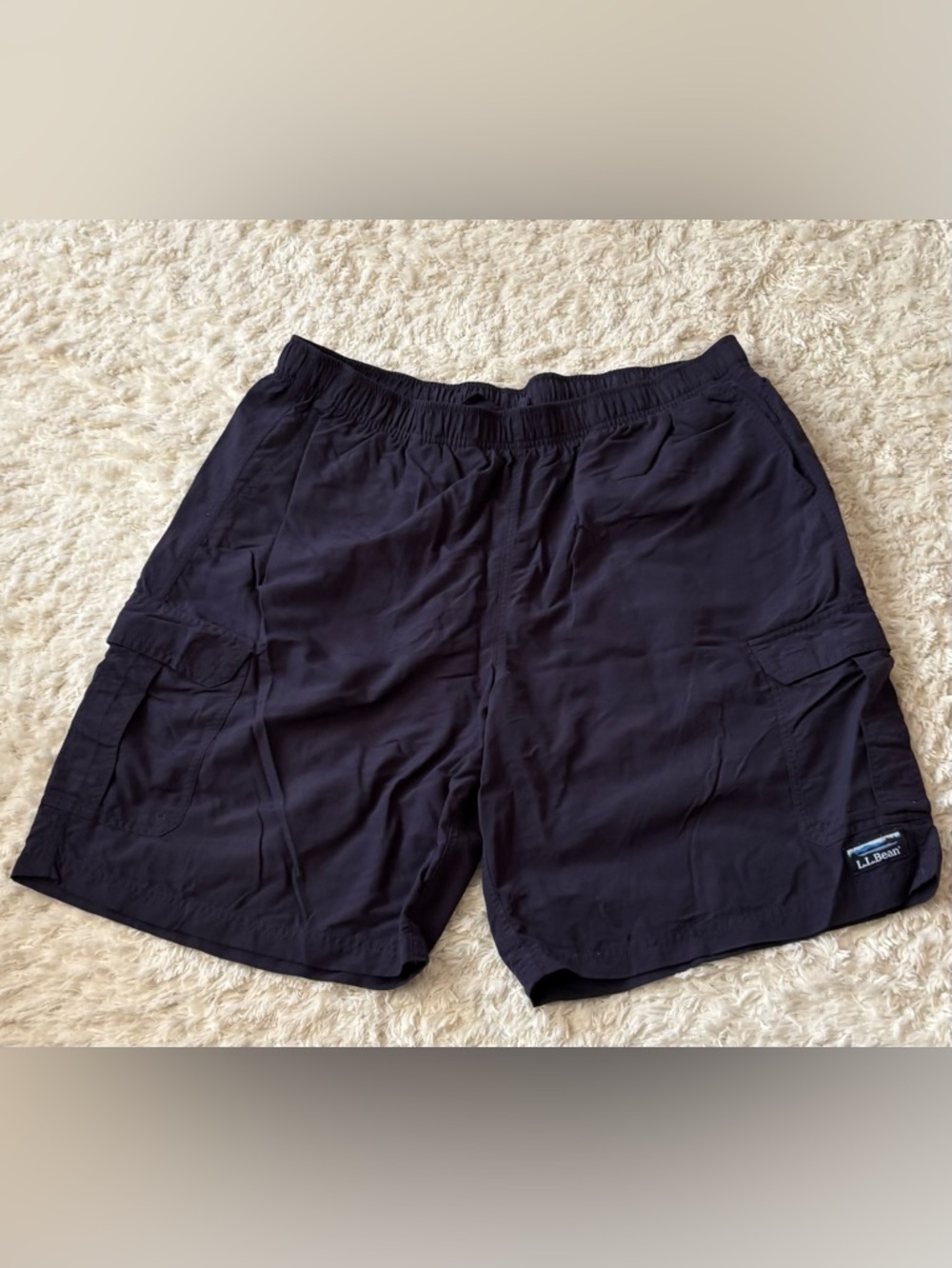 L.L. Bean Men's Navy Elastic-Waist Cargo Swim Trunks with Liner & Velcro Pockets